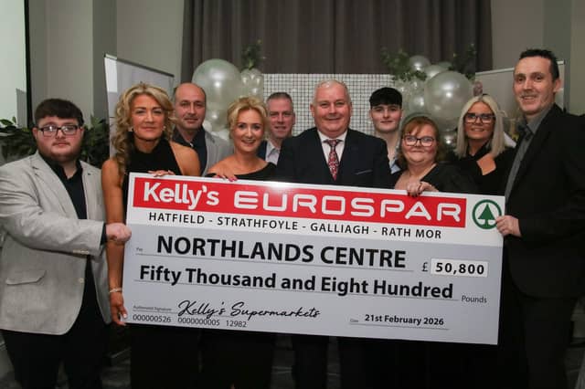 Adrian Kelly, proprietor and staff Kelly’s Eurospar fundraised £50,800 for Northlands Centre pictured at Northland’s 50th Anniversary Gala Dinner held in The Everglades Hotel. (Photo - Deirdre Heaney, nwpresspics)