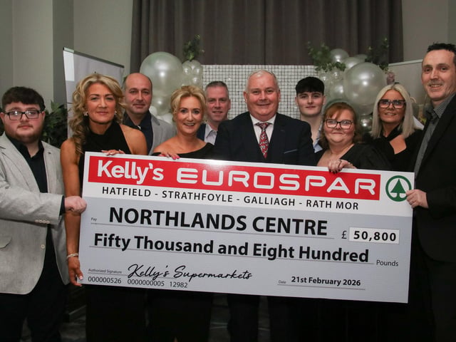 Adrian Kelly, proprietor and staff Kelly’s Eurospar fundraised £50,800 for Northlands Centre pictured at Northland’s 50th Anniversary Gala Dinner held in The Everglades Hotel. (Photo - Deirdre Heaney, nwpresspics)