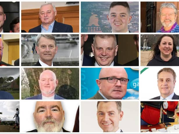 Candidates standing in the Sperrin ward in alphabetical order: Top row l-r: Jason Barr (SDLP), Raymond Barr (Independent), Paul Boggs (Sinn Féin), Mel Boyle (Alliance Party). Second row: Allan Bresland (DUP), Maurice Devenney (DUP), Tommy Forbes (SDLP), Carol Gallagher (Peple Before Profit). Third row: Paul Gallagher (Independent), Brian Harte (Sinn Féin), Patsy Kelly (Independent), Fergal Leonard (Sinn Féin), Fourth row: Darán Mac Meanman (Aontú), Glen Miller (UUP).