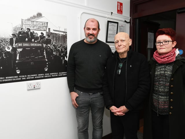 Artist Ciaran Dunlevy pictured with Eamonn McCann and Annie Ward of the Bloody Sunday March Committee at the opening of his "Art as Protest" exhibition in the Eden Place Arts Centre, Pilots Row.