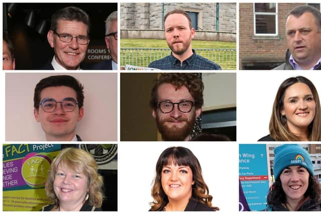 In alphabetical order, the candidates for The Moor ward, top row l-r John Boyle (SDLP), Darryl Christy (Aontú), Gary Donnelly (Independent), middle row l-r Michael Downey (Alliance), Dermott Henderson (SDLP), Aisling Hutton (Sinn Féin), bottom l-r Patricia Logue (Sinn Féin), Emma McGinley (Sinn Féin) and Maeve O'Neill (People Before Profit).