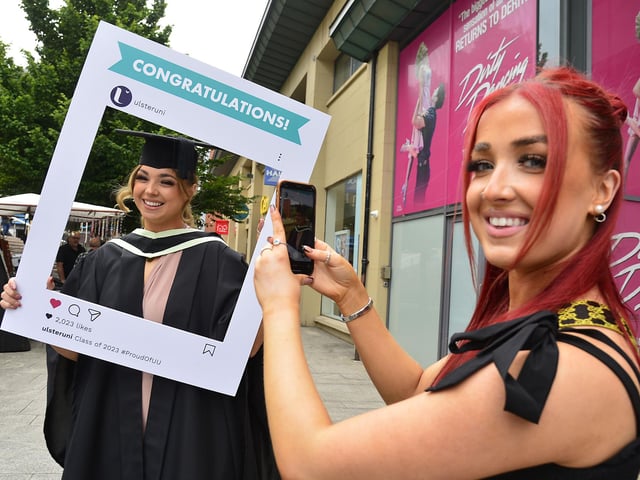 Graduate Seainin Smyth from Belfast who graduated in Community Youth Work pictured with Jane Taylor Grieve in Derry at the Millennium Forum. Picture By: Arthur Allison/Pacemaker Press.