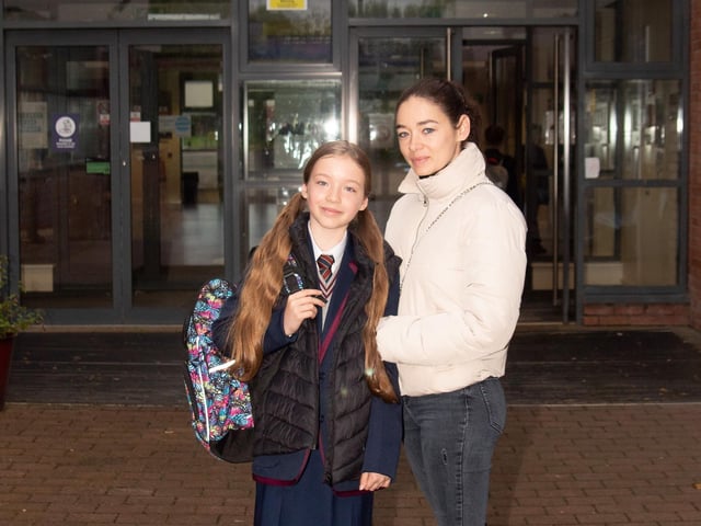 Ela Zilinskiite and her mum arriving on her first day as a Year 8 student at Oakgrove Integrated College. : Oakgrove Integrated College welcomes latest influx of Year 8 pupils