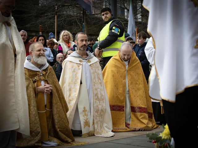 The Franciscan Friars of the Renewal praying the Rosary in Guildhall Square on Saturday.
