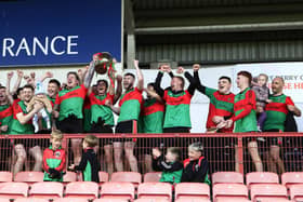 Doire Trasna celebrating winning the Derry Junior Championship in Find Insurance Celtic Park. (Photo - Tom Heaney, nwpresspics)