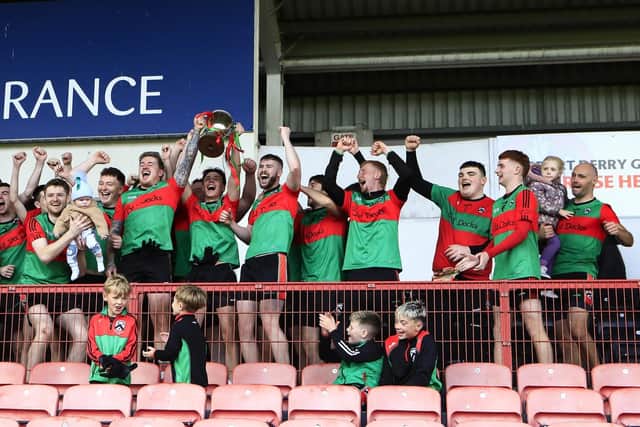 Doire Trasna celebrating winning the Derry Junior Championship in Find Insurance Celtic Park. (Photo - Tom Heaney, nwpresspics)