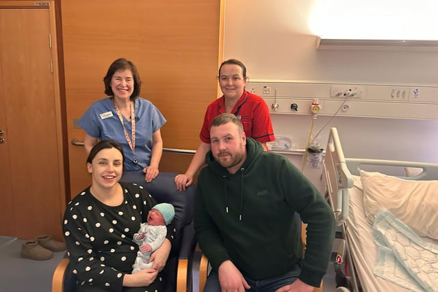 Baby boy Crawford with mum Alanna and dad Stephen, from Castlederg, with staff Linda Haynes and Sr Donna Blake.
