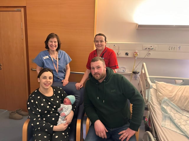 Baby boy Crawford with mum Alanna and dad Stephen, from Castlederg, with staff Linda Haynes and Sr Donna Blake.
