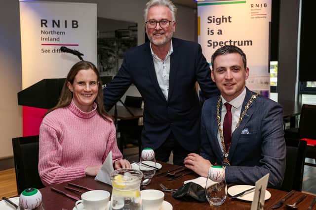 Jennifer Doherty, Deputy Mayor Councillor Jason Barr and RNIB Northern Ireland Country Director Robert Shilliday