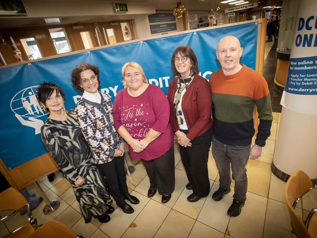 Derry Credit Union retirees Joan Gallagher, CEO and Mary Crumley, Education and Training Officer pictured on Santa Saturday with from left, Patricia Doherty, ?????? and ??????. : .