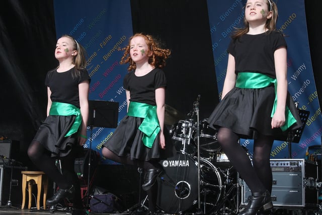 Local Irish dancers entertain the crowd on stage in Derry for St. Patrick’s Day.