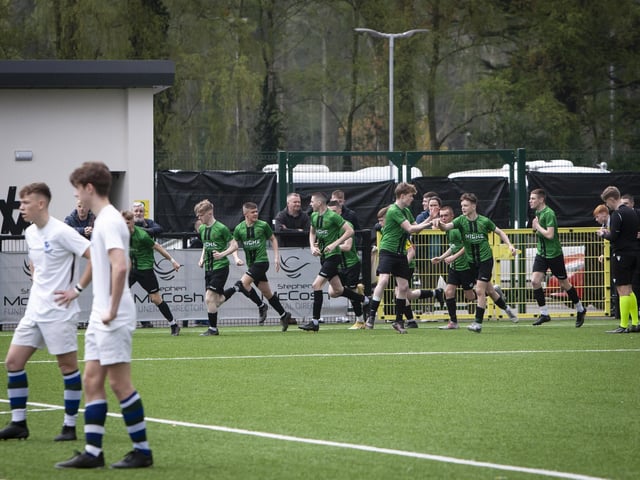 Derry players celebrate the early opening goal during Friday’s u-16 NI Schools Cup final in Belfast.
