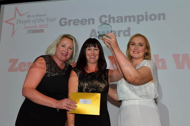 The Playhouse works with partners including Zero Waste North West, which won the Green Champion Award winner at last year's Derry Journal People of the Year Awards. Pictured were Zero Waste North West’s Caroline McGuinness – Brook and Helen Boyle with Andrena O’Prey of Derry Journal. Photo: George Sweeney. DER2235GS – 036