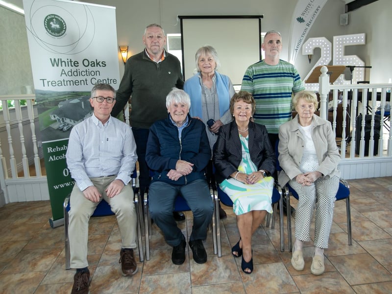 Members of the Columban Community pictured at Saturday's celebration to mark 25 years since the official opening of White Oaks Treatment Centre. Front from left, Stephen McLaughlin, Director of Clinical Services, Tommy McCay, Marguerite Hamilton, managing director, and Kathleen Devlin.  Back from left are Martin McKeever, Ann McCay and Joe Carlin. (Photos: Jim McCafferty Photography)