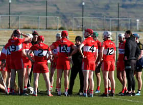 Derry senior hurling manager Johnny McGarvey speaking to his players before the game against Kildare at Owenbeg on Sunday afternoon.  Photo: George Sweeney. DER2310GS – 08