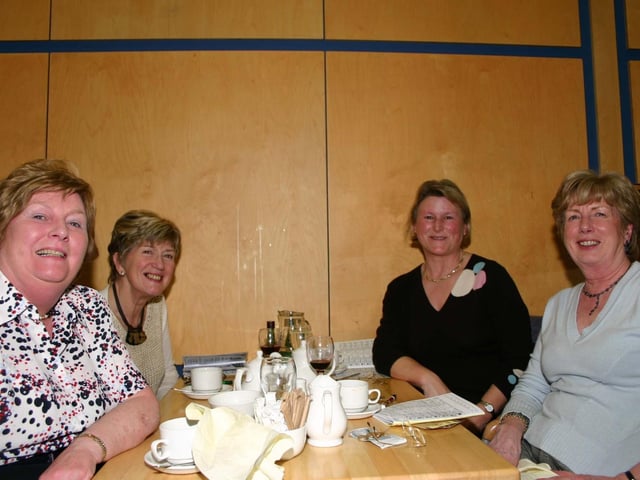 Enjoying a meal at the Lifford Stadium are Pauline MOONEY MAJORIE BOWAN, VALERIE ROWAN AND JEAN HAMMILL. 4879DD : A night at the races in Lifford in April 2005.