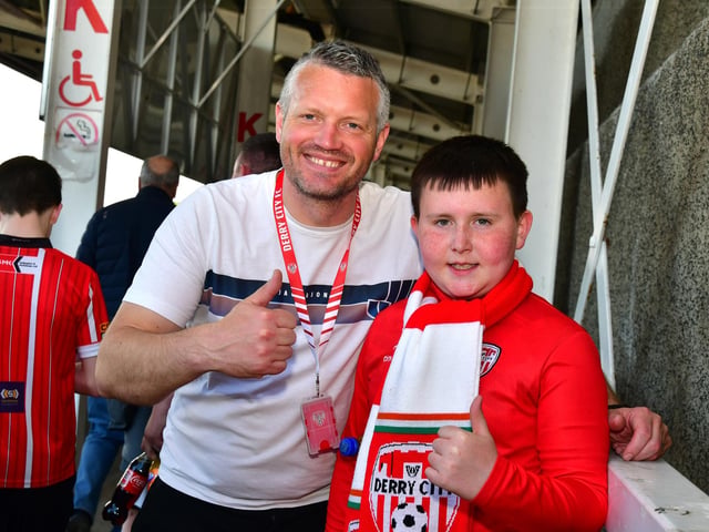 Derry GAA's Stephen Barker enjoying a unique occasion as Derry City FC is welcomed into Find Insurance Celtic Park. Photo by Kevin Morrison