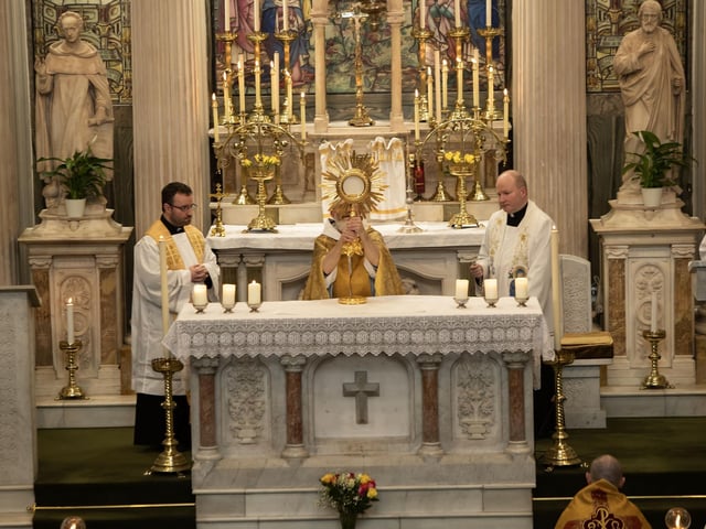 The Eucharistic Procession of the Faithful in honour of St. Brigid pictured before leaving St. Columb'a Church, Long Tower on Saturday. (Photos: Jim McCafferty Photography)