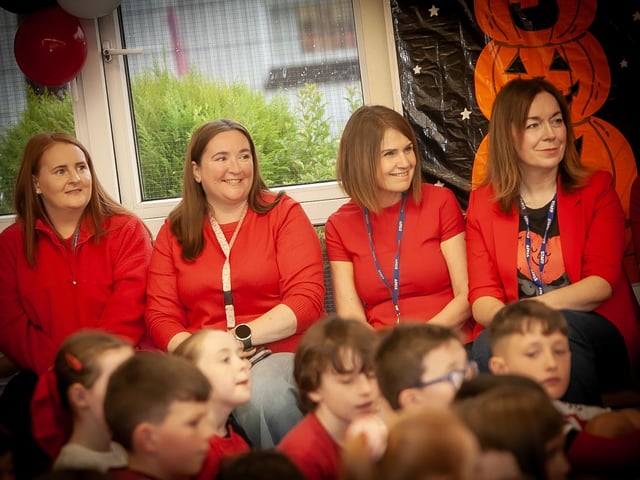 LADIES IN RED!. . . . .Ms Davey, Mrs Boyle, Mrs McGurren and Mrs Matthews captured on Friday. (Photos: Jim McCafferty Photography)