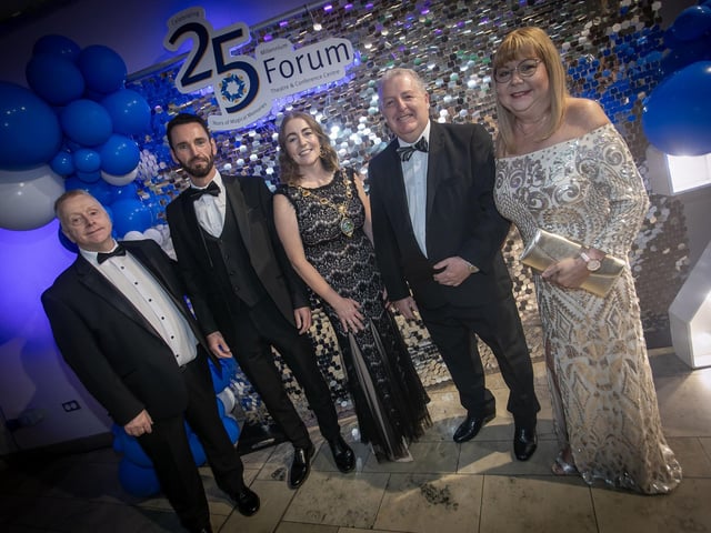 Group pictured at Friday night's 25th Anniversary Celebrations at the Millennium Forum. From left, David McLaughlin, Chief Executive, Johnny McDaid, Patron, Grace Ui Niallais, Mayor of Derry City and Strabane District Council, Martin Bradley, Chair, Millennium Forum and his wife Amanda. (Photos: JIm McCafferty Photography)