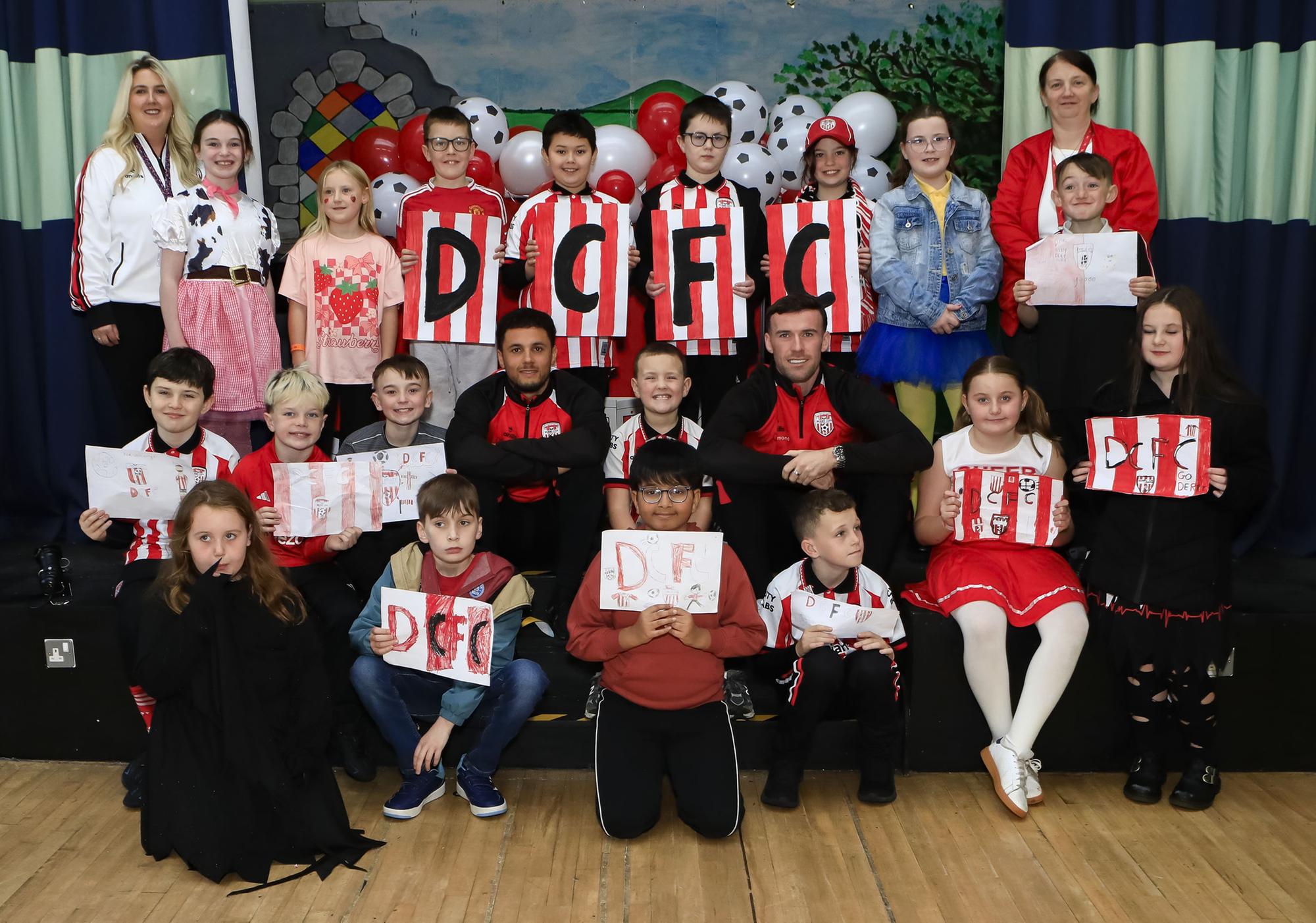 DCFC pre-Cup final visit to Longtower PS Patrick McClean and Tyler Smith.  (Photo - Tom Heaney, nwpresspics)