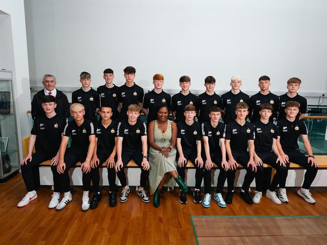 Derry City & Strabane District Council Mayor Lilian Seenoi-Barr pictured with the Tyrone senior boys' team at the launch of the Super Cup in The Alley Theatre.