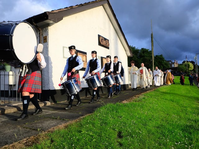 The Colmcille Pipe band leading the procession after Mass to mark the 80th anniversary of Consecration of Long Tower Church, to St. Columba’s Well as part of the St. Columba’s Day celebrations. (Photo - Tom Heaney, nwpresspics)