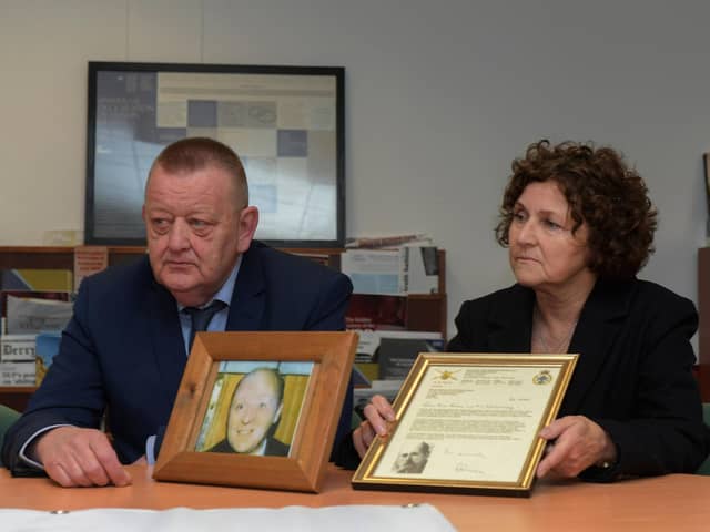 Billy McGreanery and Marjorie Roddy pictured at the Pat Finucane Centre at Rathmor on Monday afternoon to hear if the PPS intend to prosecute the soldier who shot and killed their relative Billy McGreanery. Photo: George Sweeney