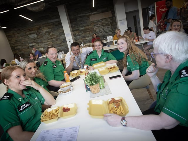 GIS A CHIP?. . . . Mayor Ruairi McHugh pictured with some of the St. John Ambulance staff on their break during Friday's Mega Fun Day at the Gasyard (Photos: Jim McCafferty Photography) : .