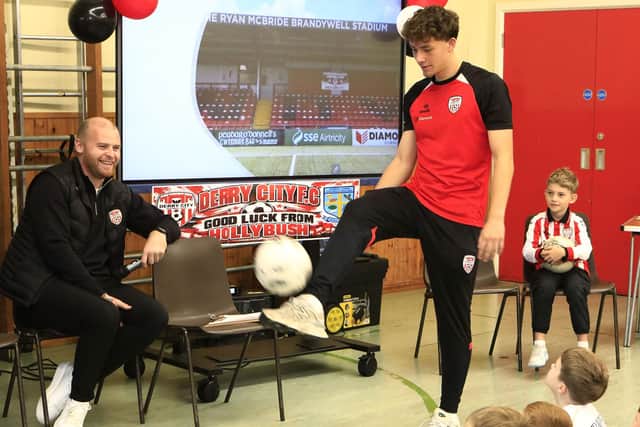 DCFC pre-Cup final visit Holybush PS Mark Connolly and Nick Twisk. (Photo - Tom Heaney, nwpresspics)