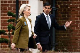 Prime Minister Rishi Sunak welcomes European Commission president Ursula von der Leyen at the Fairmont Windsor Park hotel in Englefield Green, Windsor, Berkshire, ahead of a meeting to discuss a "range of complex challenges" around the Brexit treaty. Picture date: Monday February 27, 2023.