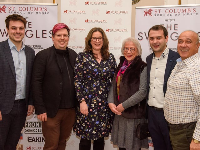 Louis Fields and Nicky Morton, founders of St.Columb’s School of Music pictured with Paul Stafaord, Selena, Liz and Issam Horshi as they hosted the School’s annual Gala concert in St.Columb’s Hall headlined by the Swingles, Picture Martin McKeown.