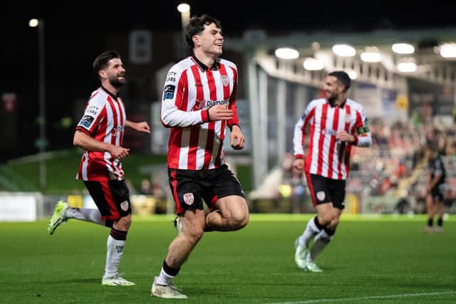 James Clarke of Derry City celebrates his sides first goal during the SSE Airtricity Men's Premier Division match between Derry City and Dundalk at The Ryan McBride Brandywell Stadium in Derry. Photo by Matthew Harvey/Sportsfile