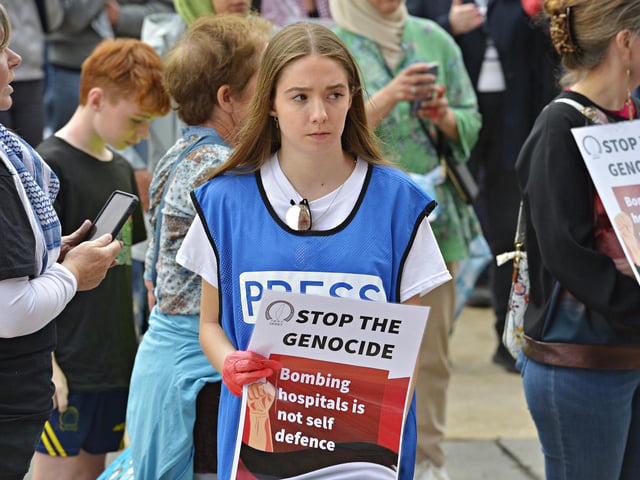 Supporter at the  Freedom for Palestine march and rally, in Guildhall Square, on Saturday afternoon.  Photo: George Sweeney