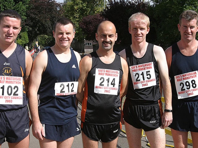 Half marathon runners (from left), Gavin Crawford, Benny Barber, Paddy Donaghey, Paul Duddy and Michael Devine. (1609T30).:.