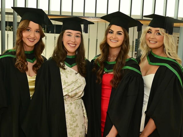 Speech and Language Therapy Ulster University students from (L to R) Casey, Laura, Caitlin, and Grace celebrating at the Derry graduations.
