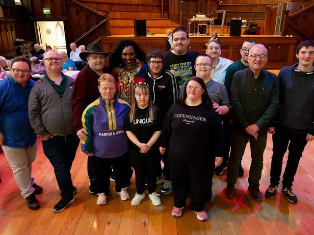 The Mayor Councillor Lilian Seenoi-Barr pictured with members of New Horizons Strabane as she hosted an Afrobeat Tea dance in the Guildhall which blended traditional waltzes with a selection of upbeat tunes bringing people to their feet on the dance floor of the main hall. Picture Martin McKeown. 09.10.24