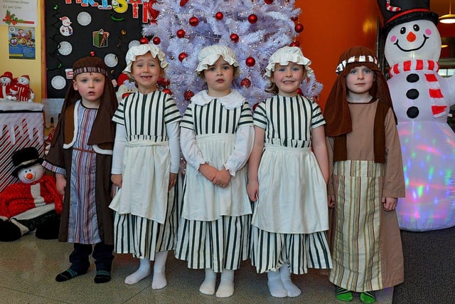 Pupils from Mrs Logue's P1 class at St Eithne's Primary School, who played Shepherds and Inn Keepers at their Nativity Play on Wednesday for family and relatives. Photo: George Sweeney. DER2249GS  08