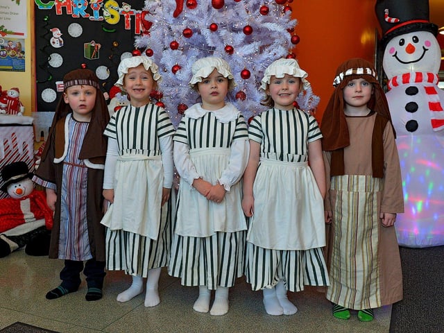 Pupils from Mrs Logue's P1 class at St Eithne's Primary School, who played Shepherds and Inn Keepers at their Nativity Play on Wednesday for family and relatives. Photo: George Sweeney. DER2249GS 08