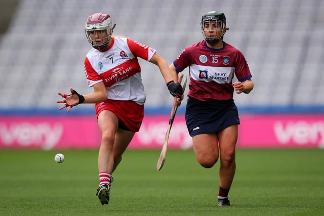 Derry’s Lauren McKenna takes on Meadbh McLoughlin of Westmeath during Sunday's Very Camogie League Division 2A Final in Croke Park. (Photo: INPHO/Ryan Byrne)
