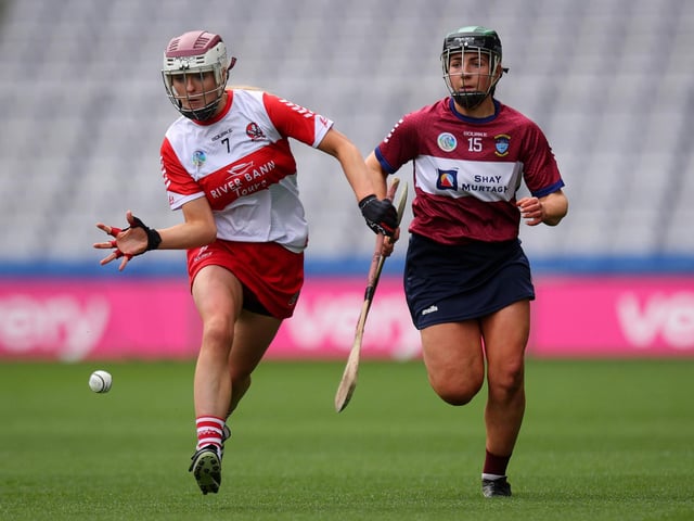 Derry’s Lauren McKenna takes on Meadbh McLoughlin of Westmeath during Sunday's Very Camogie League Division 2A Final in Croke Park. (Photo: INPHO/Ryan Byrne)