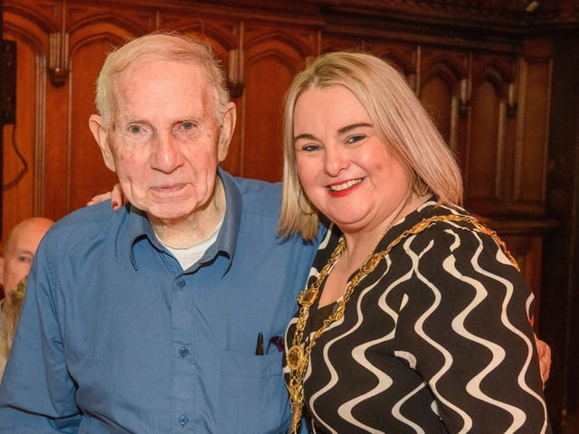 John McCartney pictured with the Mayor Councillor Sandra Duffy who welcomed people to the Guildhall as she hosted another popular Derry City and Strabane District Council Tea Dance. Included are, Picture Martin McKeown. 09.11.22:.:The Mayor's Tea Dance