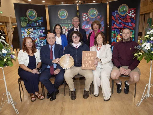 Adam McIntyre and his parents receiving the Monsignor Coulter Award for Humanities from Mr. P. Kelly and Mrs. G. Canavan, Board of Governors. At back from left are Mrs. C McLaughlin, Principal, Mr Niall Downey, Guest Speaker and Mrs. M. Hamilton, Board of Governors. (Photos: Jim McCafferty Photography)