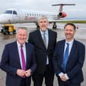 Economy Minister Conor Murphy and Infrastructure Minister  John O’Dowd with  Steve Frazer, Managing Director, City of Derry Airport, at the announcement of funding to protect the continuation of flights from the airport to London Heathrow.

Credit Lorcan Doherty