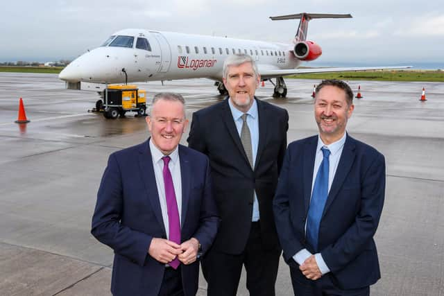 Economy Minister Conor Murphy and Infrastructure Minister  John O’Dowd with  Steve Frazer, Managing Director, City of Derry Airport, at the announcement of funding to protect the continuation of flights from the airport to London Heathrow.

Credit Lorcan Doherty