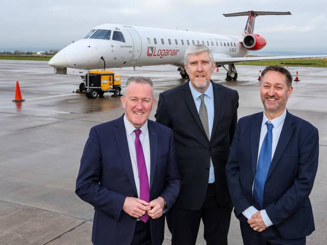 Economy Minister Conor Murphy and Infrastructure Minister  John O’Dowd with  Steve Frazer, Managing Director, City of Derry Airport, at the announcement of funding to protect the continuation of flights from the airport to London Heathrow.

Credit Lorcan Doherty