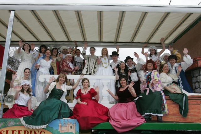 Buncrana pantomine cast all smiles for the camera. (1803C28a) : St Patrick's Day Buncrana 2005.