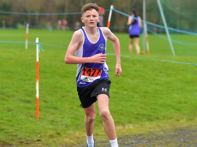 Foyle Valley’s Matthew Mulgrew competing in the U15/U17 3k race at Thornhill College. Photo: George Sweeney