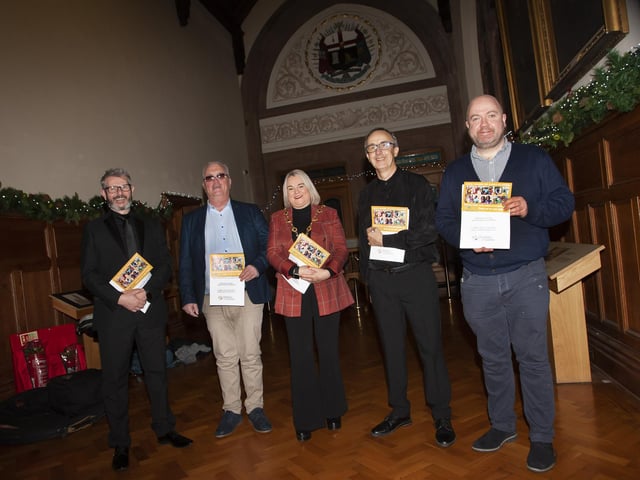 The Mayor of Derry City and Strabane District Council, Sandra Duffy pictured at Sunday’s ‘The Unanswered Question - Music, Poetry and Prose of Searching and Peace’ performed by the Irish Doctors Choir and Orchestra North-West at the city’s Guildhall. Included from left are Maurice Kelly, Music Director, Orchestra North-West, Richard Moore, Founder and Chief Executive, Children in Crossfire, Brian McKay, Conductor and Ronan McKay, Children in Crossfire. (Photos: Jim McCafferty Photography)