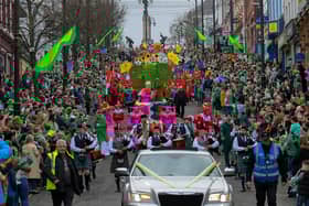 The Derry St Patrick’s Day parade makes its way towards the city centre. Photo: George Sweeney.